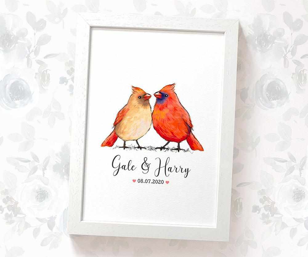 Cardinal Couple A4 Framed Print Personalized With Names And Date For An Exceptional First Anniversary Gift Idea