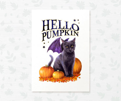 Halloween Party Black Cat Print "Hello Pumpkin" Autumn Decor Wall Art