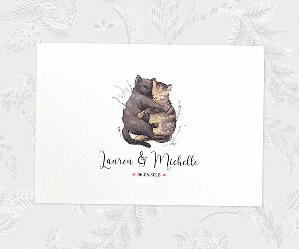 Two Cats A3 Unframed Art Print Personalized With Names And Date For A Heartwarming Valentines Day Gift