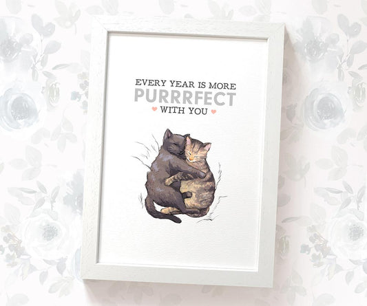 Cuddling Cats Anniversary Art Print | Every Year Is More Purrrfect With You