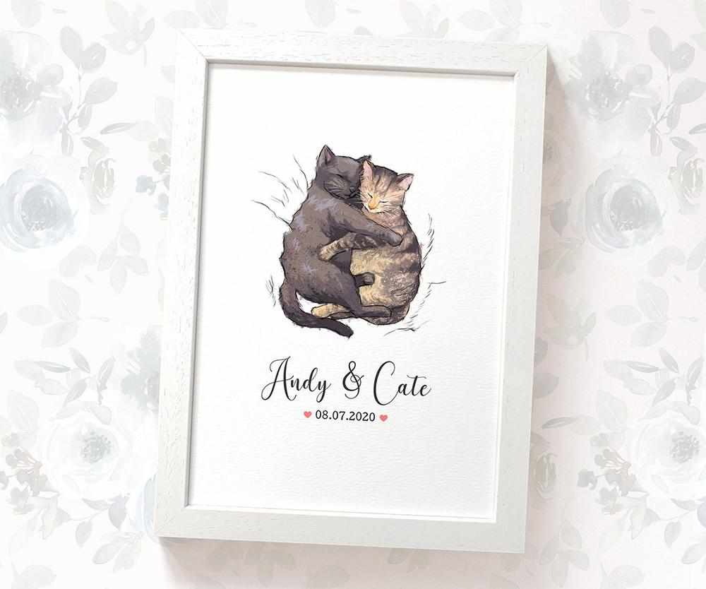 Personalized Cat Couple A4 Framed Print Featuring Names and Date For A Special First Anniversary Gift