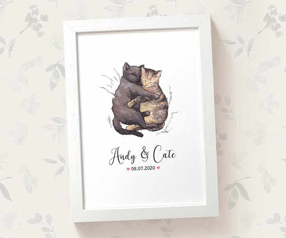 Cat Couple A4 Framed Print Personalized With Names And Date For An Exceptional First Anniversary Gift Idea