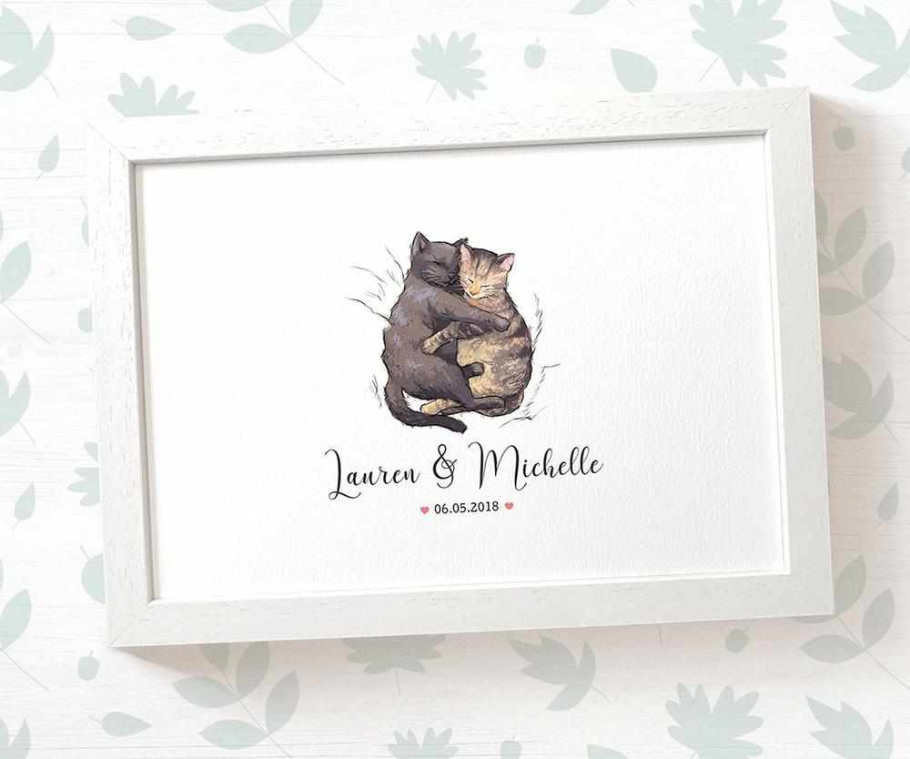 Personalized Cat Couple A4 Framed Print Featuring Newlywed Names And Date For A Unique Wedding Gift