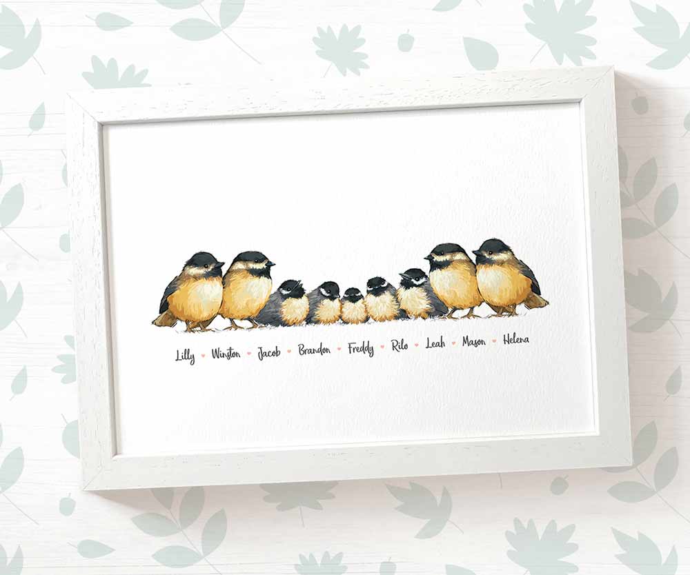 Chickadee family portrait featuring grandma and grandad with grandchildren and personalised names for the best grandparent gift