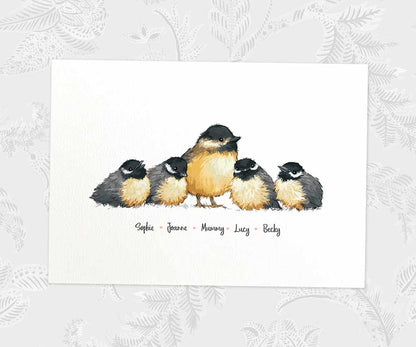 Printed A4 family of chickadee birds personalised with names for a special mothers day present