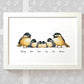 Chickadee family portrait personalised with names displayed in an A4 white wood frame for a thoughful gift for mum