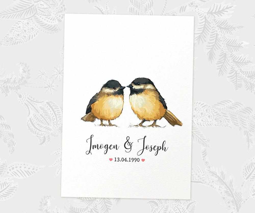 Two Chickadees A4 Unframed Print Customized With Names And Date For A Thoughtful Valentines Day Gift