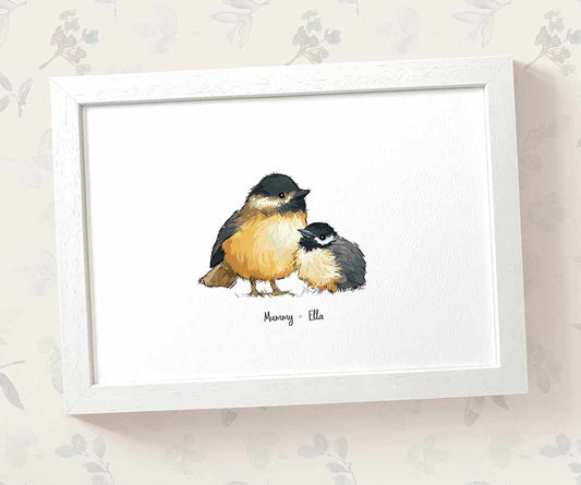 Framed A4 chickadee family print featuring mum and baby with names for the best mothers day gift