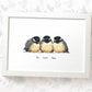 Three baby chickadees framed A3 family print with names for a unique triplet baby shower gift