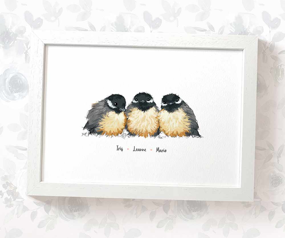 Three baby chickadees framed A3 family print with names for a unique triplet baby shower gift