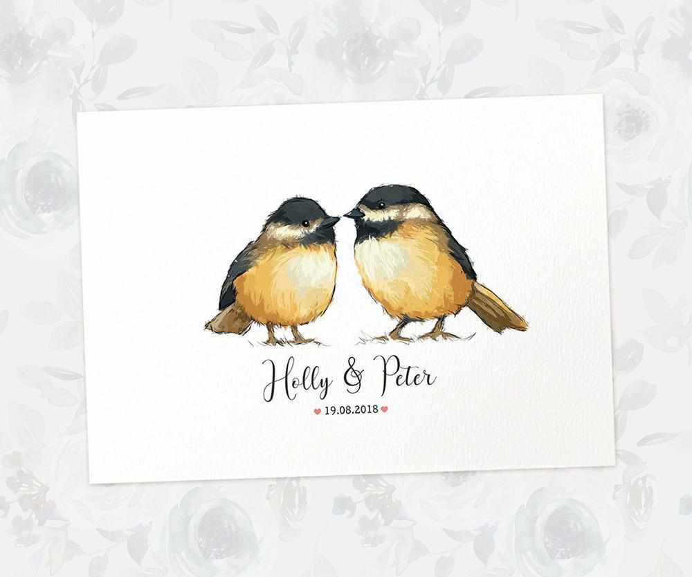 Two Chickadees A3 Unframed Art Print Personalized With Names And Date For A Heartwarming Valentines Day Gift