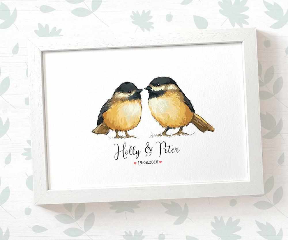 Chickadee Couple A4 Framed Print Personalized With Names And Date For An Exceptional First Anniversary Gift Idea
