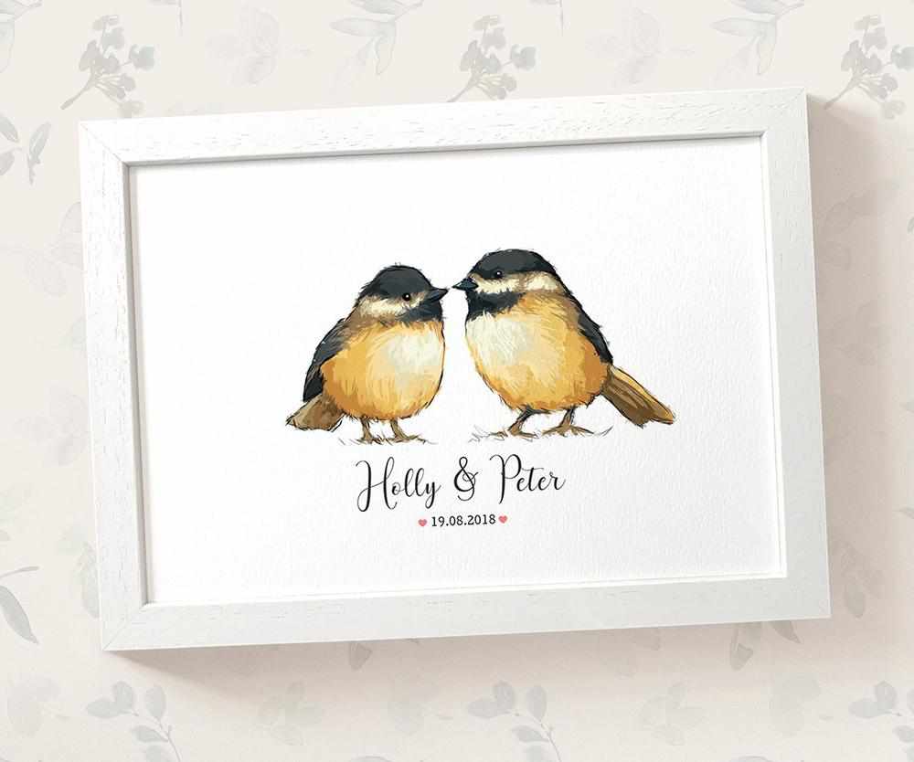 Personalized Chickadee Couple A4 Framed Print Featuring Newlywed Names And Date For A Unique Wedding Gift