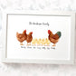 White framed A4 chicken family portrait with personalised names for the perfect birthday gift for mum