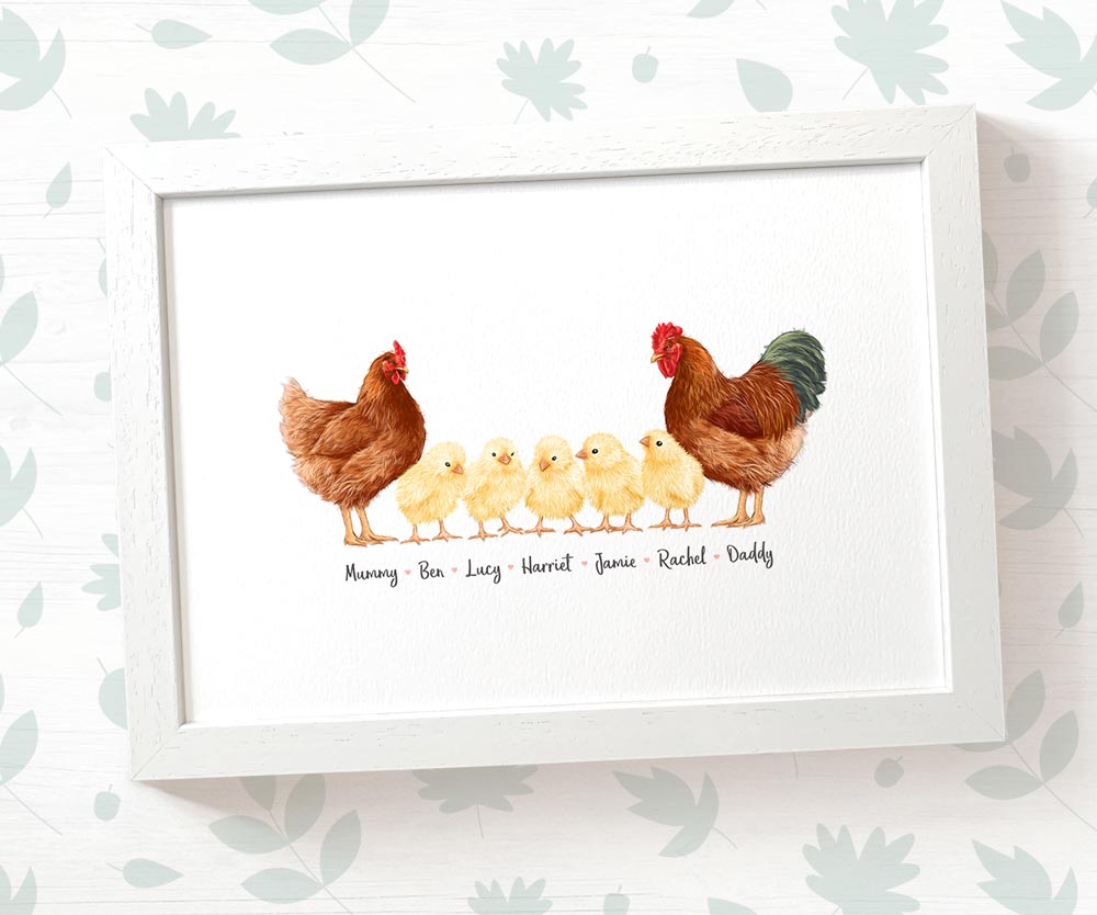 Chicken family portrait personalised with names displayed in an A4 white wood frame for a thoughful gift for mum