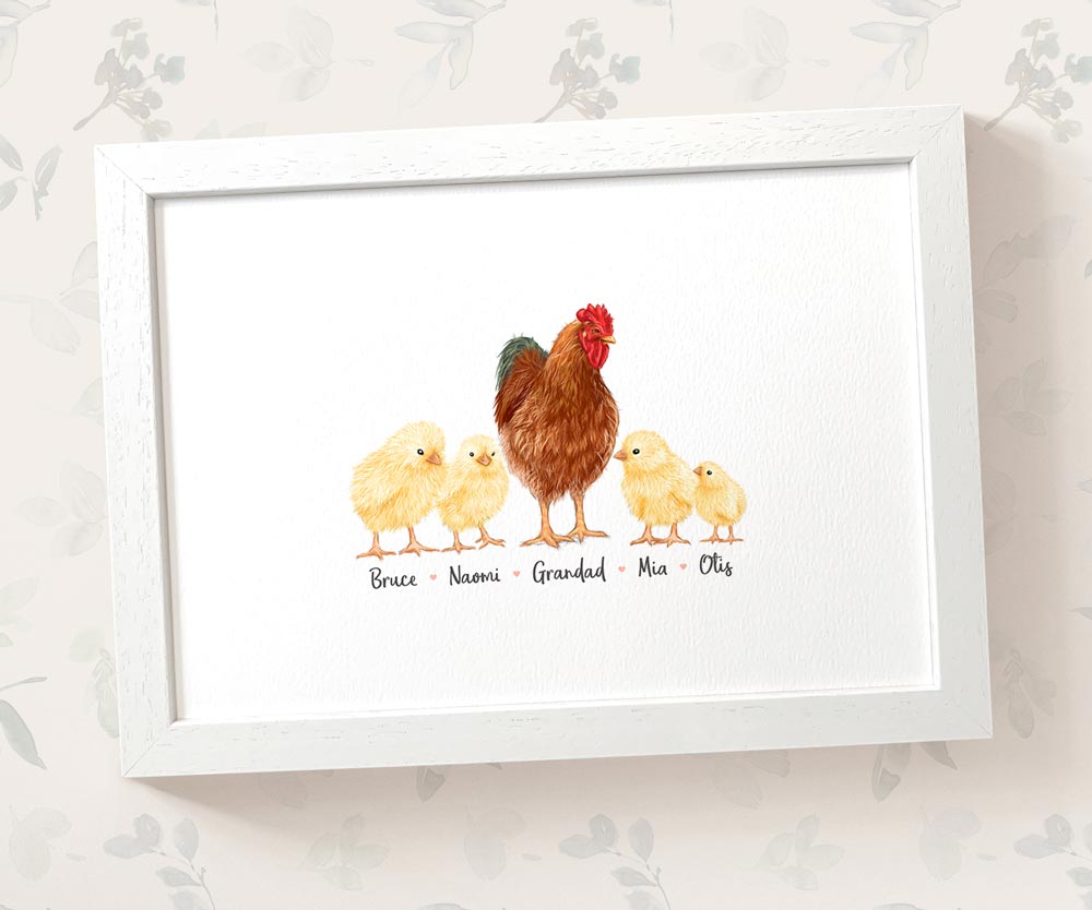 Framed A3 chicken family print featuring grandad and grandchildren with names beneath for a unique fathers day gift