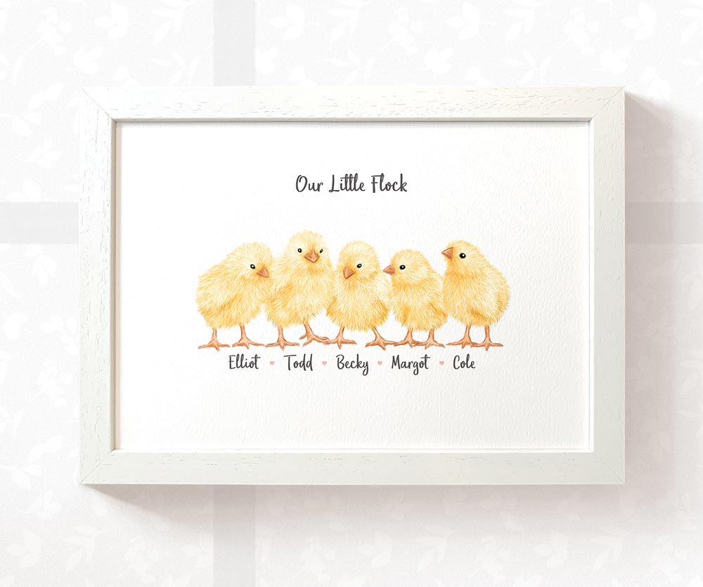 Five baby chickens A3 family print with names for a unique baby shower gift