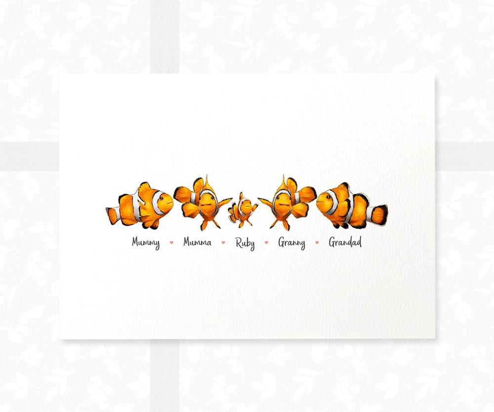 Framed A3 clown fish family of 5 art print customised with names