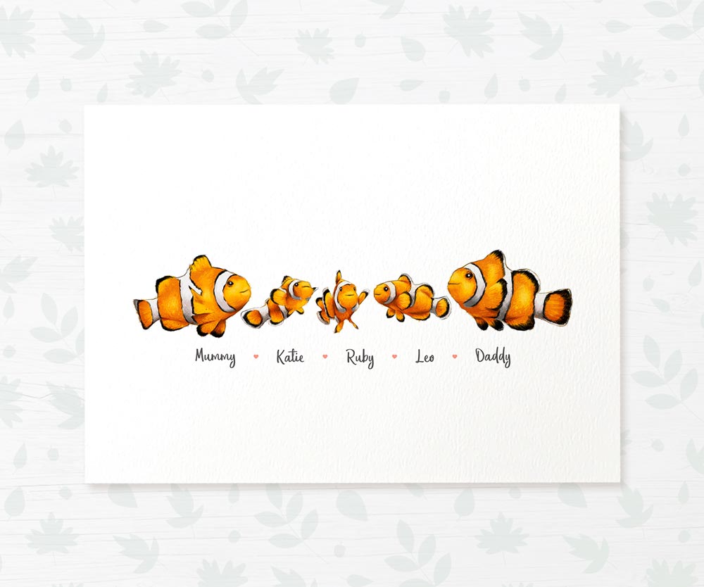 Printed A4 family of 5 clown fish personalised with names for a special mothers day present