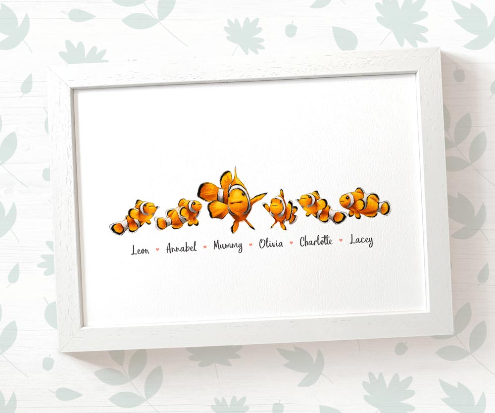 Clown fish A3 framed family print featuring mum and 5 children with names beneath for a unique mothers day gift