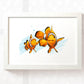 Clown fish parent and baby nursery art print in blue and orange in white A4 frame