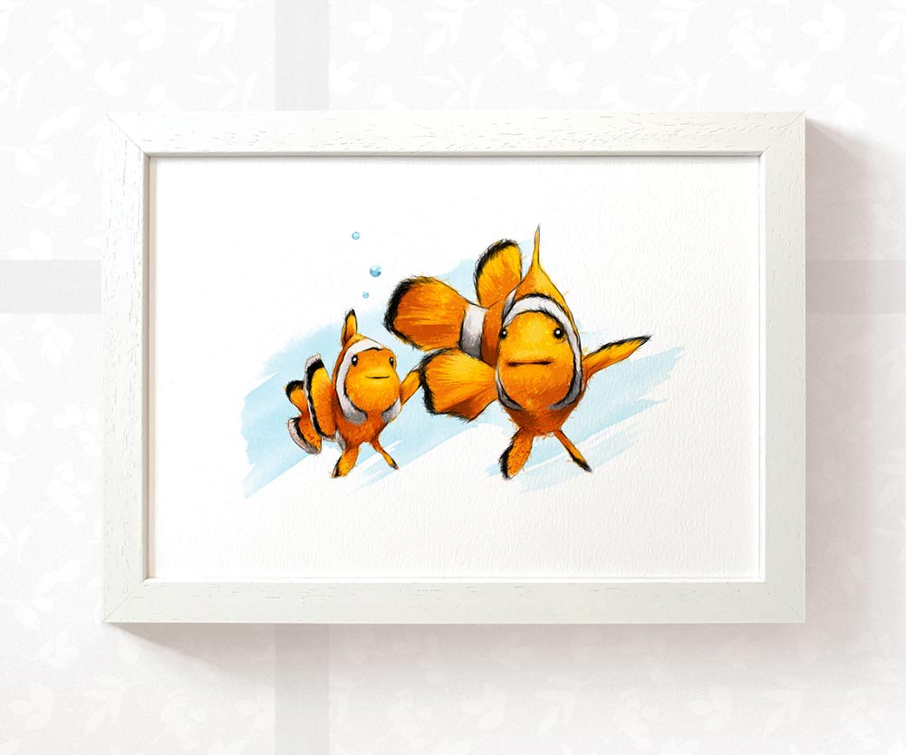 Clown fish parent and baby nursery art print in blue and orange in white A4 frame