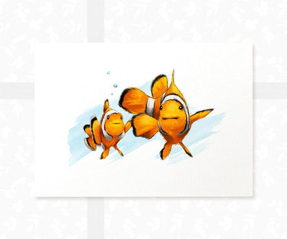 Clown fish parent and baby A3 nursery art print in orange and blue