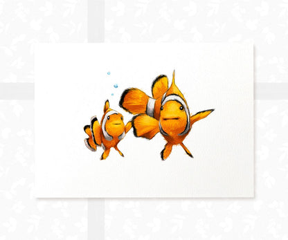 Clown fish parent and baby A3 nursery art print on plain white background