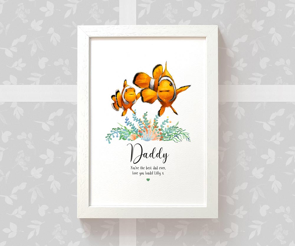 Father and baby clown fish art print with personalised thank you message for dad in white frame