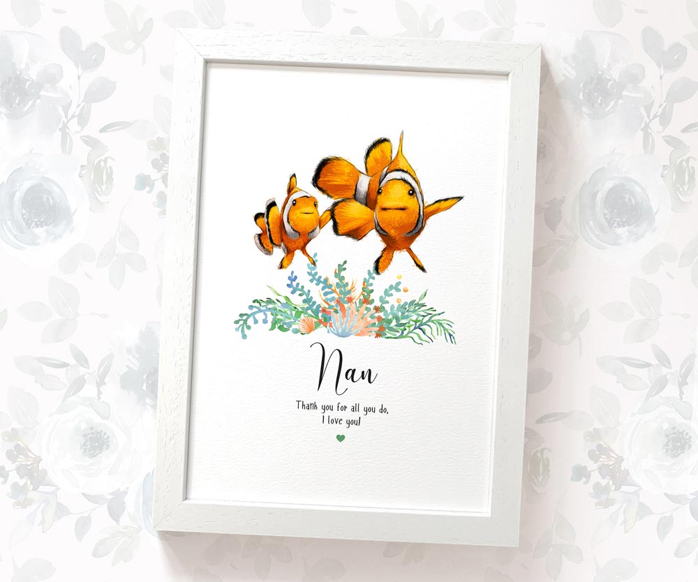 Grandma and grandchild clown fish art print with personalised thank you message for nan in white frame