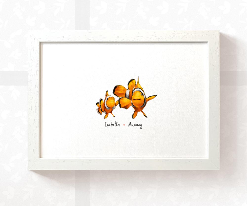 A4 framed clown fish family print featuring mum and baby with names for the best mothers day gift