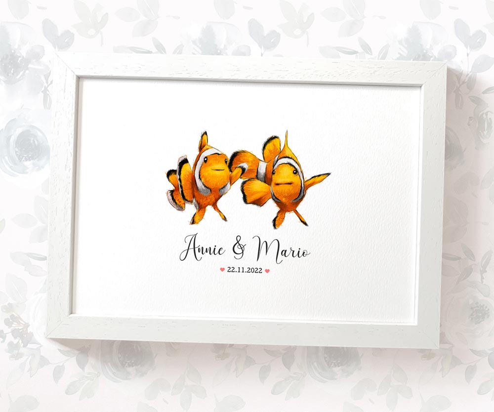 Clown fish couple personalised print with names and anniversary date displayed in white A4 frame