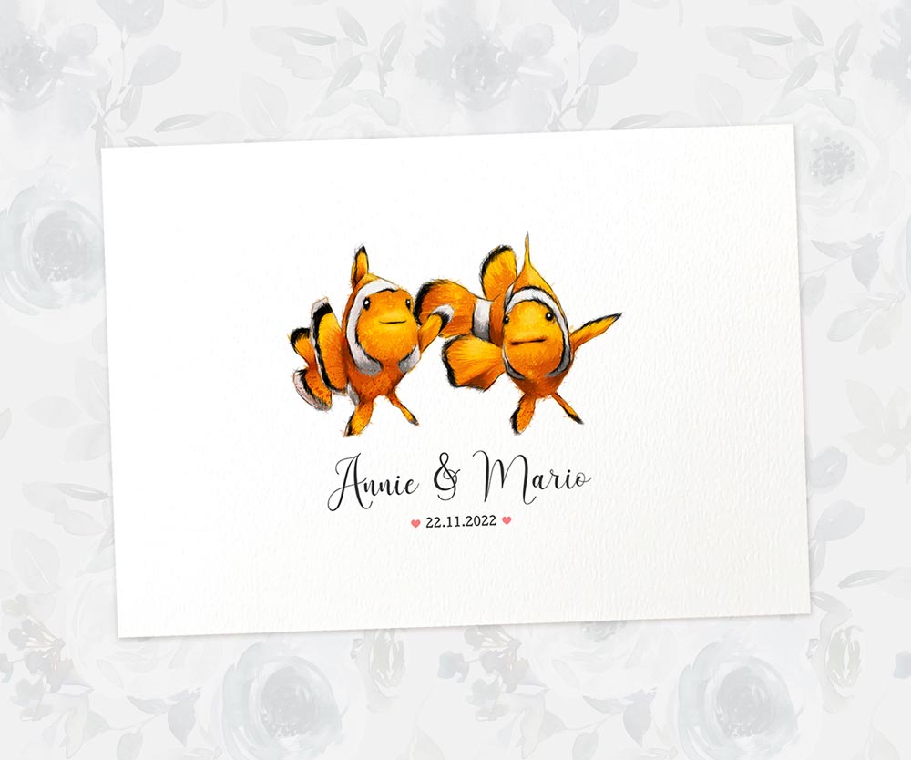 Clown fish couple personalised A4 print with names and anniversary date