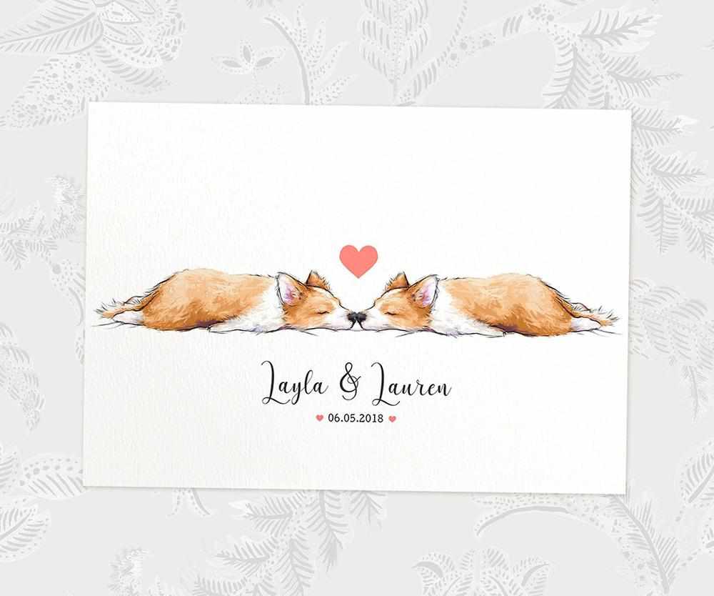 Two Corgis A3 Unframed Art Print Personalized With Names And Date For A Heartwarming Valentines Day Gift