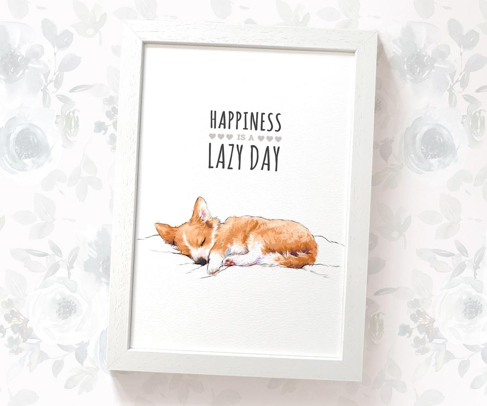 Corgi Dog "Happiness is a Lazy Day" Art Print