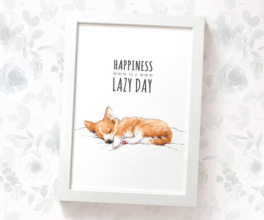 Corgi Dog "Happiness is a Lazy Day" Art Print