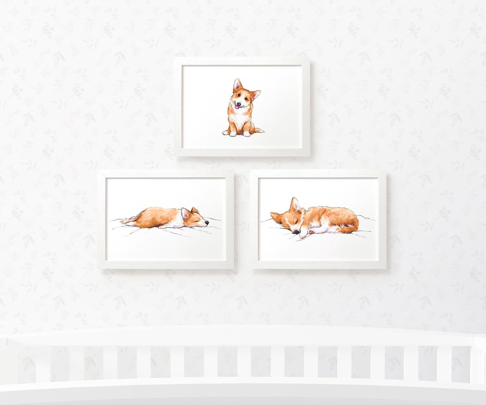 Corgi Nursery Prints New Baby Shower Gift Boy Girl Dog Wall Art Set Playroom Decor UK