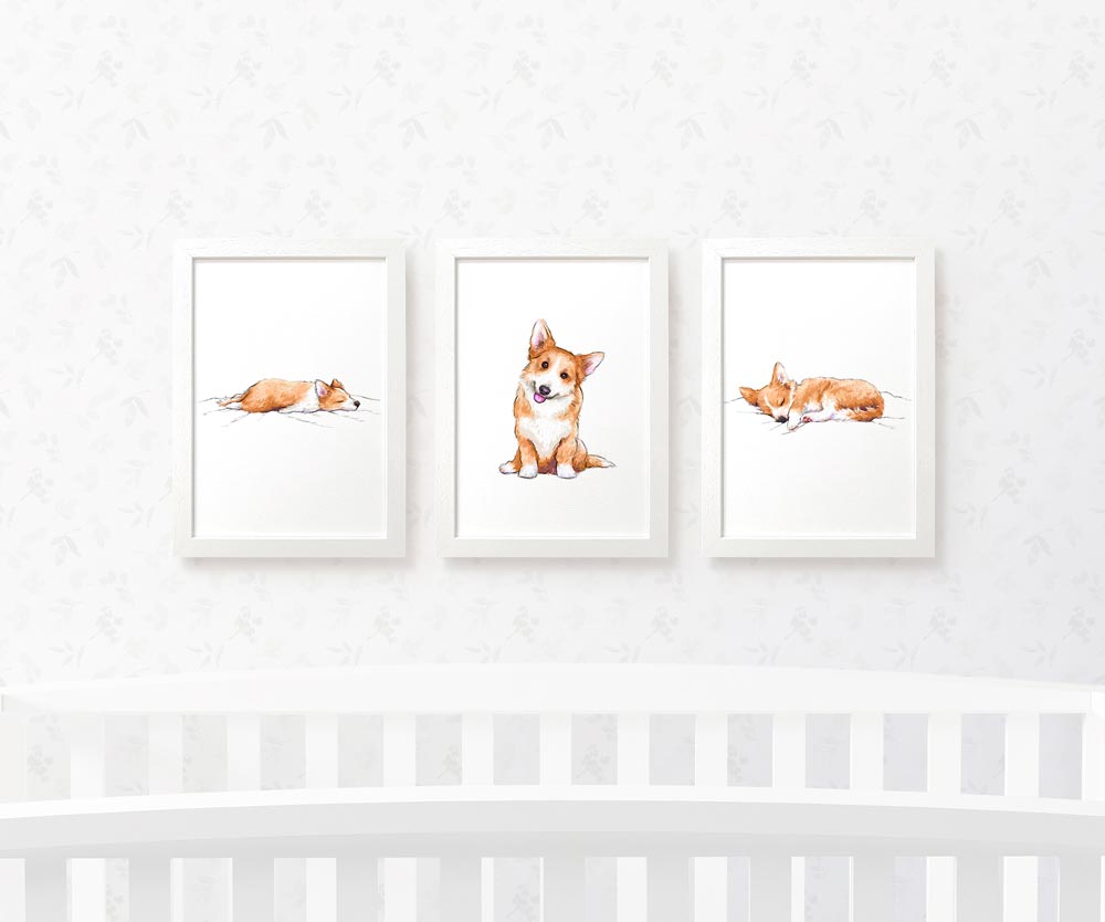 Corgi Nursery Prints New Baby Shower Pregnancy Gift Boy Girl Dog Wall Art Set Newborn Playroom