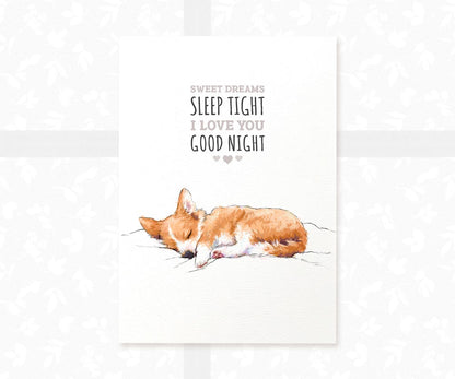 Corgi Dog "Sweet Dreams Sleep Tight" Nursery Art Print | Children's Wall Art