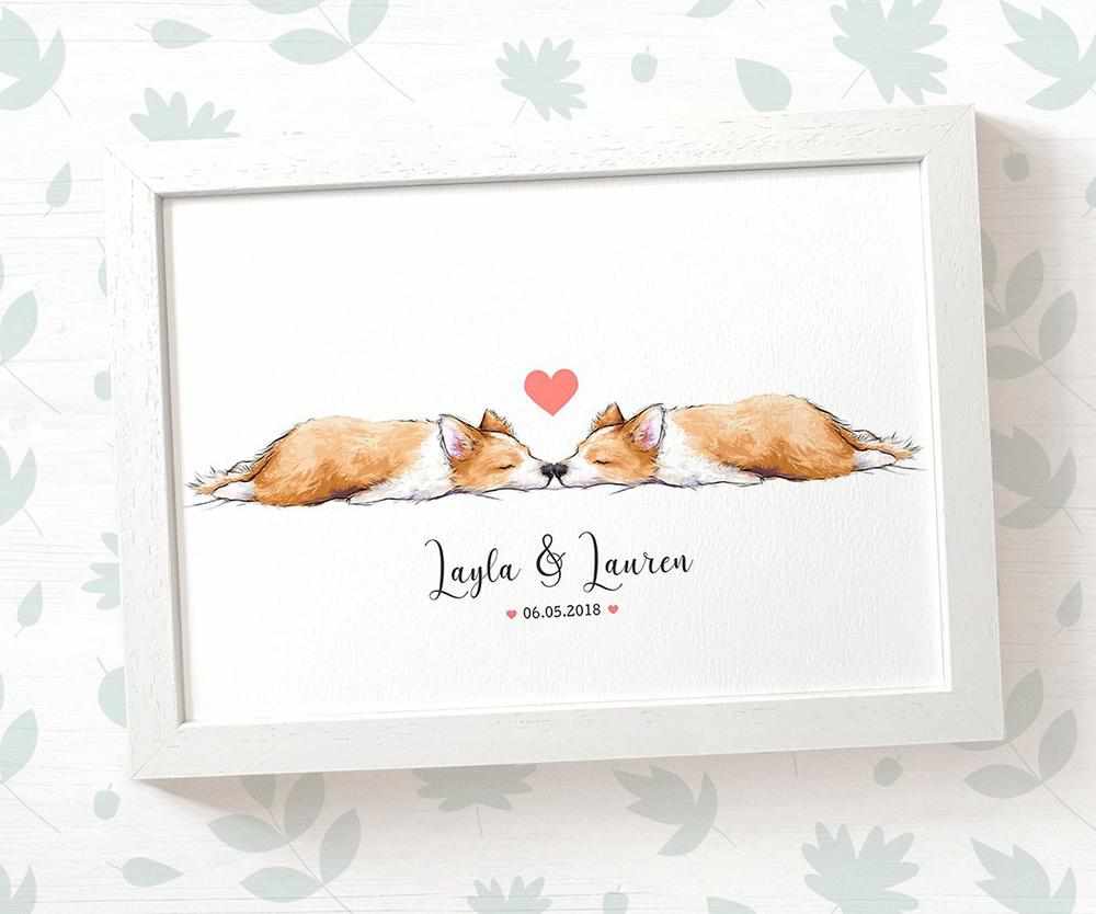 Personalized Corgi Couple A4 Framed Print Featuring Newlywed Names And Date For A Unique Wedding Gift