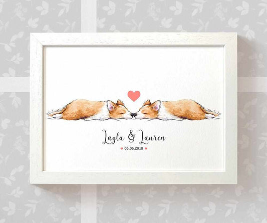 Corgi Couple A4 Framed Print Personalized With Names And Date For An Exceptional First Anniversary Gift Idea