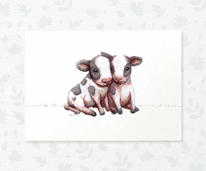 Twin Cow Farm Animals Nursery Art Print | Children's Wall Art