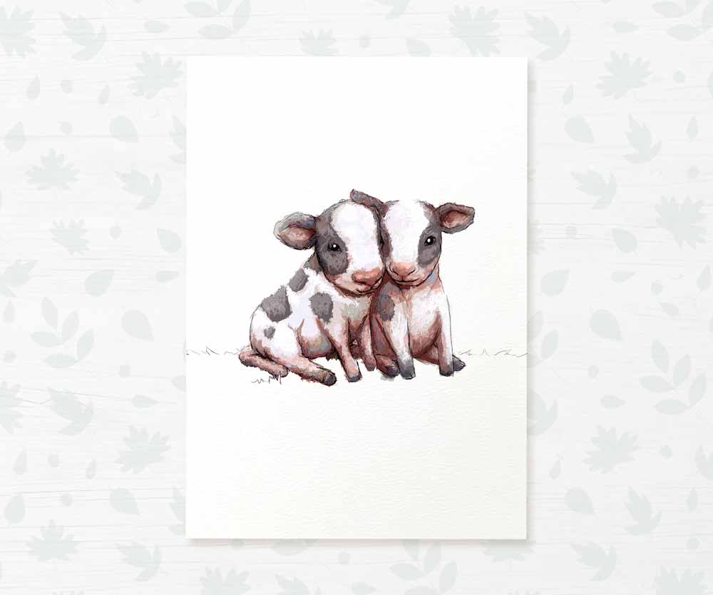 Twin Cow Farm Animals Nursery Art Print | Children's Wall Art