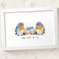 Bluebird family portrait personalised with names displayed in an A4 white wood frame for a thoughful gift for dad