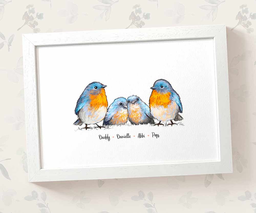Bluebird family portrait personalised with names displayed in an A4 white wood frame for a thoughful gift for dad
