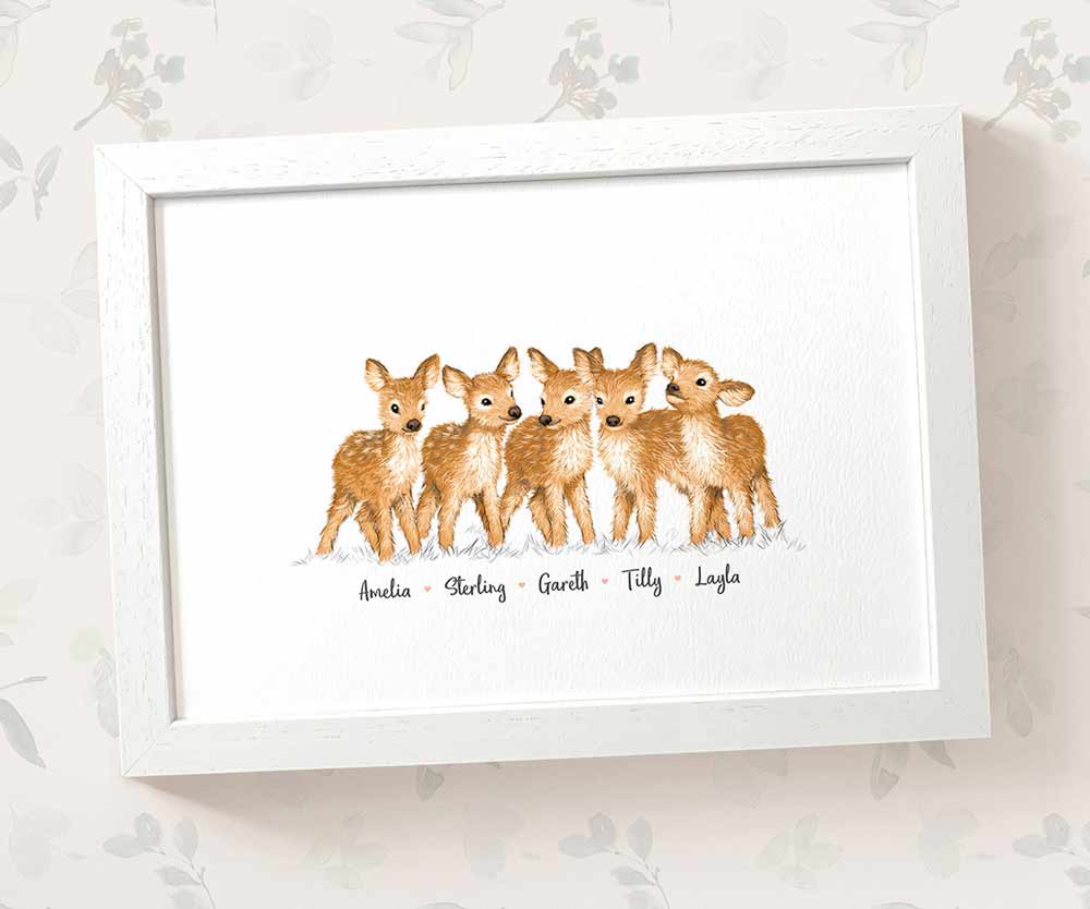 Five baby deer framed A3 family print with names for a unique baby shower gift