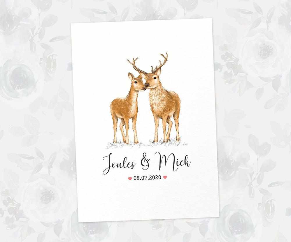 Two Deers A4 Unframed Print Customized With Names And Date For A Thoughtful Valentines Day Gift