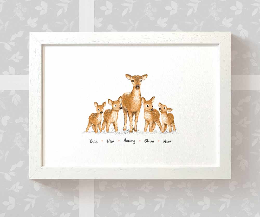 Framed A3 deer print featuring mom and 4 children with names for the best mothers day gift