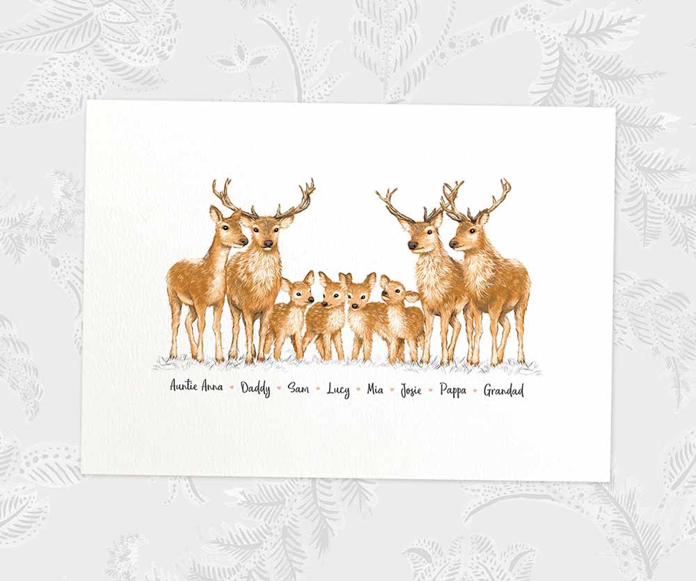 Printed A4 family of 8 deer personalised with names for a special mothers day present