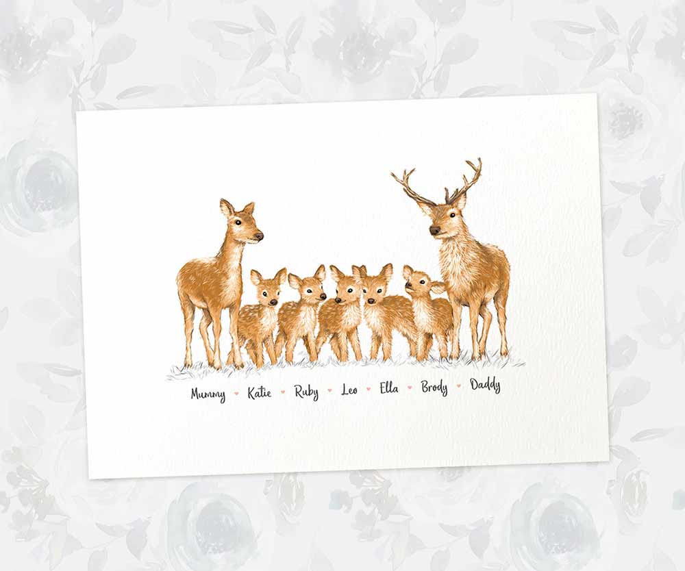 Printed A4 family of 7 deer personalised with names for a special mothers day present